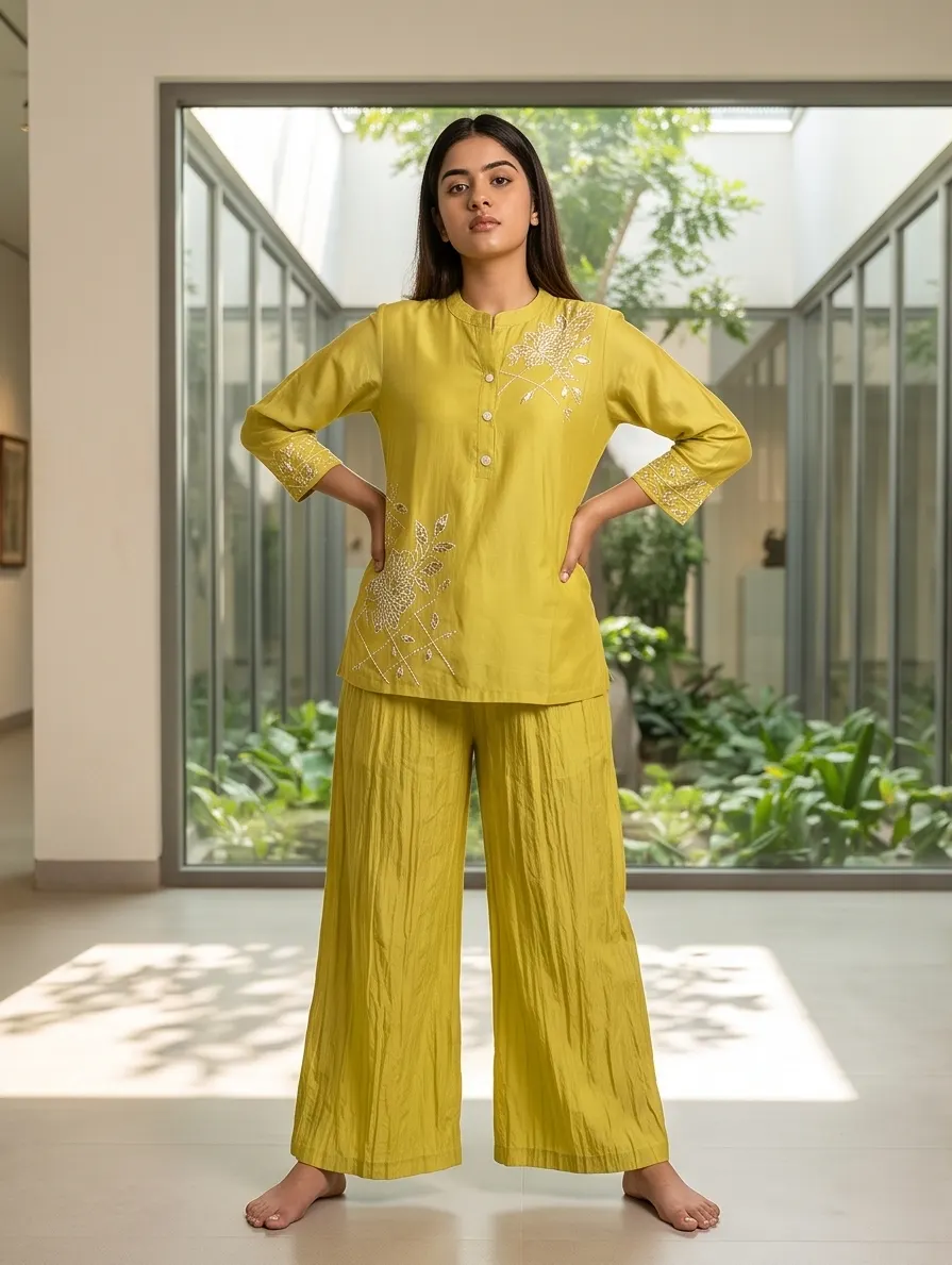 Lime Green Raw Silk Embroidered Short Kurta and Flared Palazzo 2-Piece Co-Ord Set