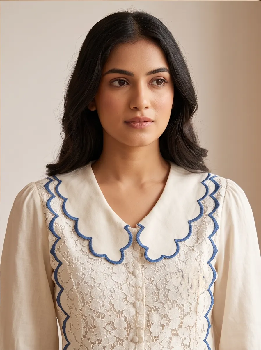 Off-White Scalloped Collar Lace Shirt & Denim Wide-Leg Trouser Co-ord Set (2-Piece Set)