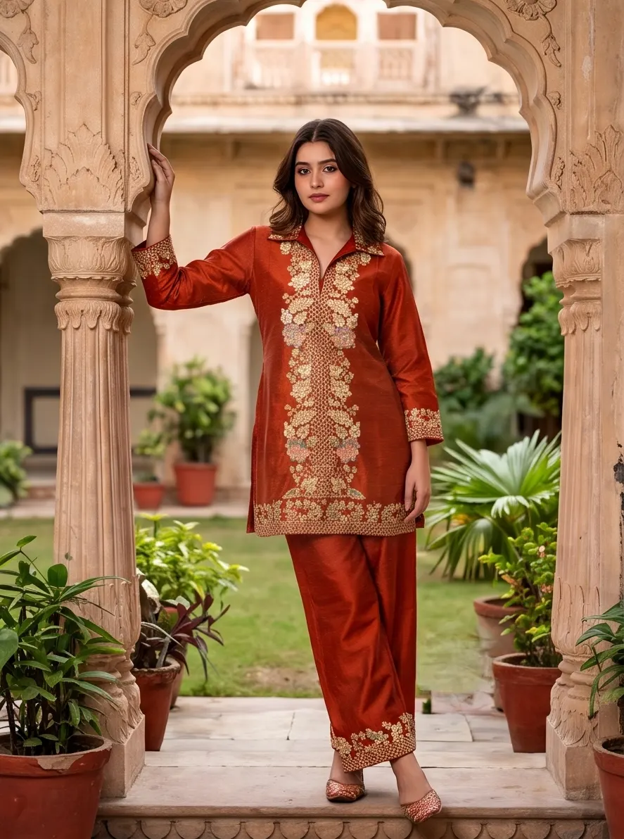 Rust Floral Embroidered Silk Blend Collar Neck Kurta and Pant Co-ord Set