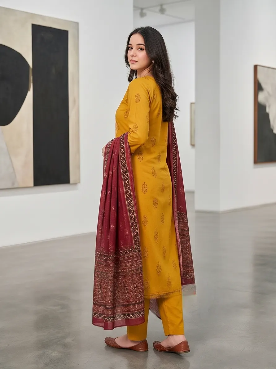 Mustard Yellow Printed Kurta Pant Set with Dupatta