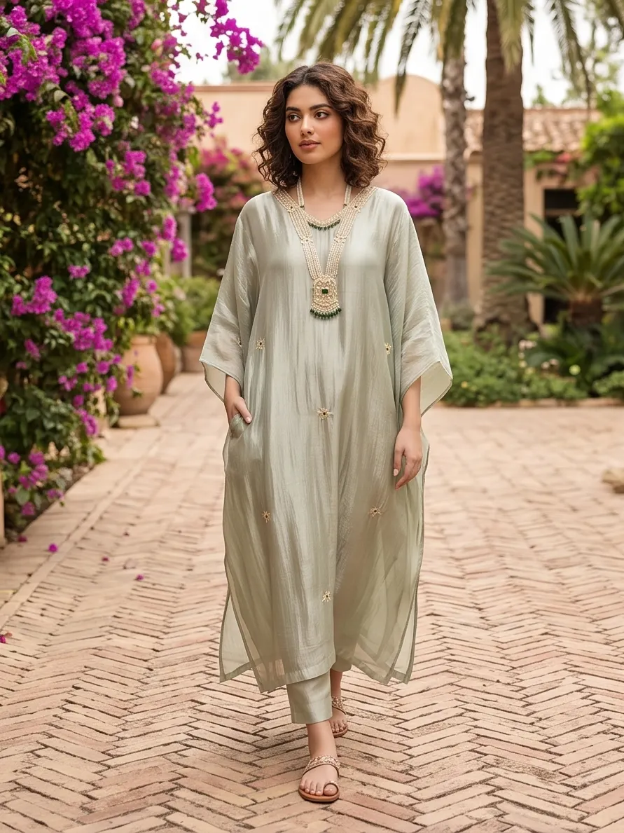 Sage Green Sheer Kaftan Set