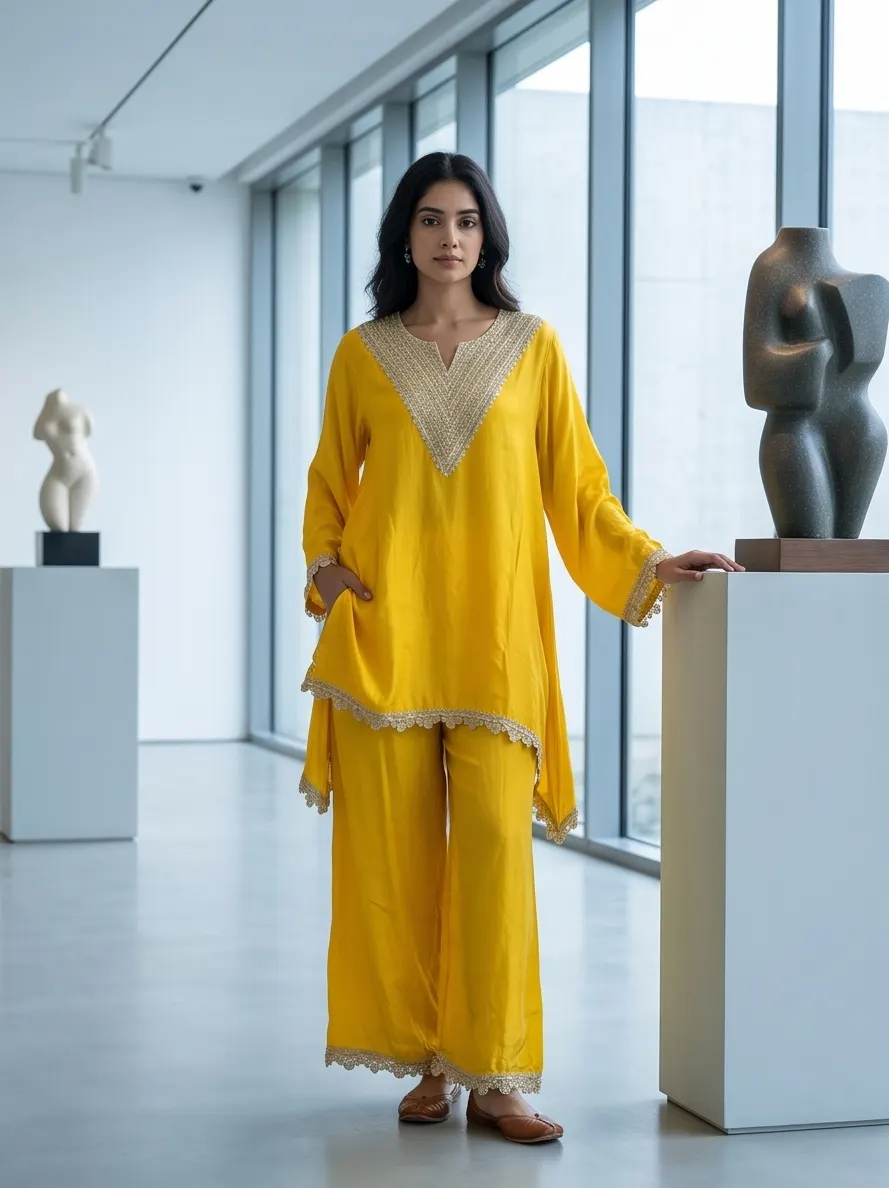 Bright Yellow Asymmetric Kurta and Wide-Leg Palazzo Set with Lace Borders