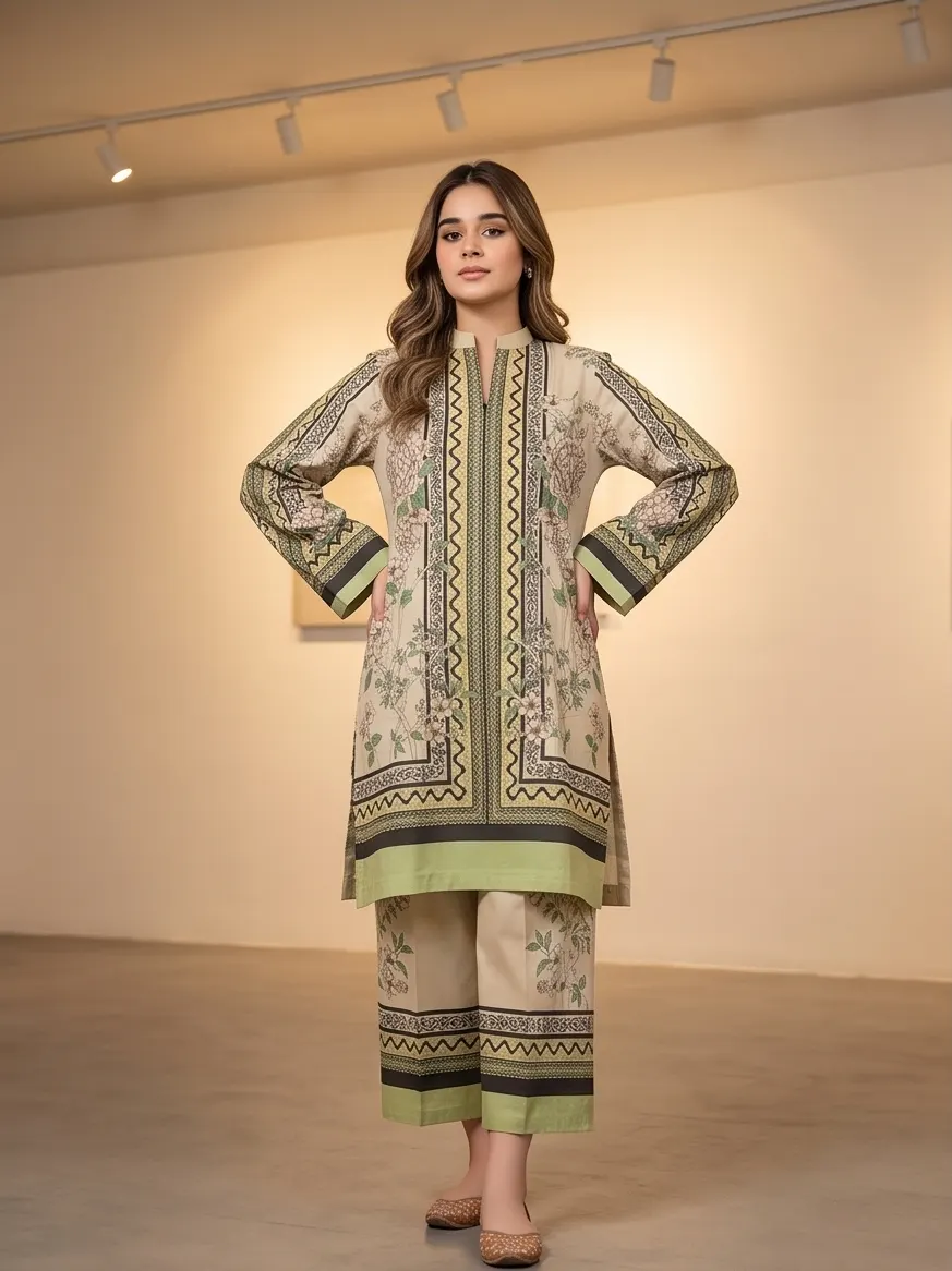 Beige & Olive Floral Printed Lawn 2-Piece Kurta Pant Set  Botanical Print Cotton Co-ord Set – Straight Kurti with Trouse