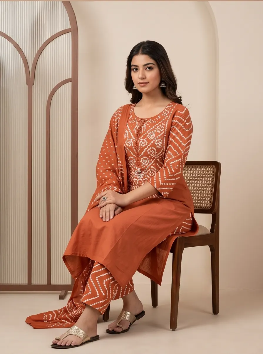 Rust Orange Bandhani Print Kurta Pant Set with Dupatta