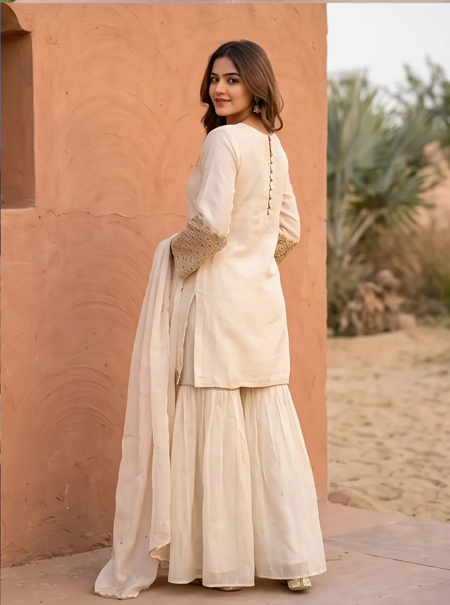 Ivory Zari Embroidered Silk Sharara Suit Set with Scalloped Dupatta
