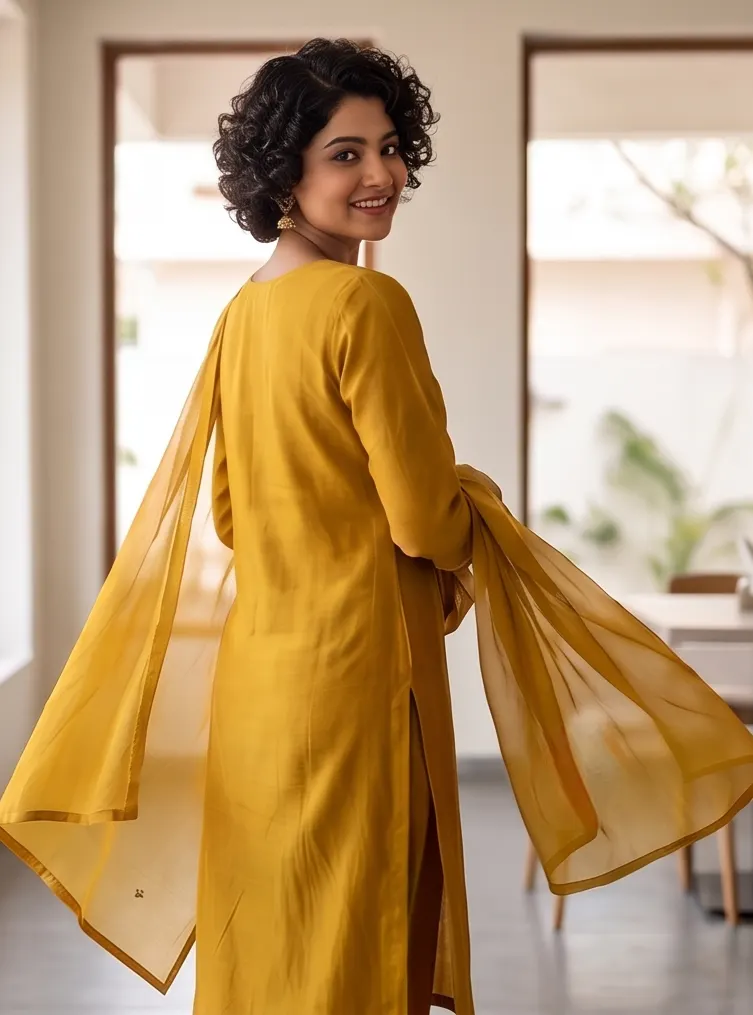 Mustard Yellow Zari Embroidered Silk Straight Kurta Pant Set with Dupatta