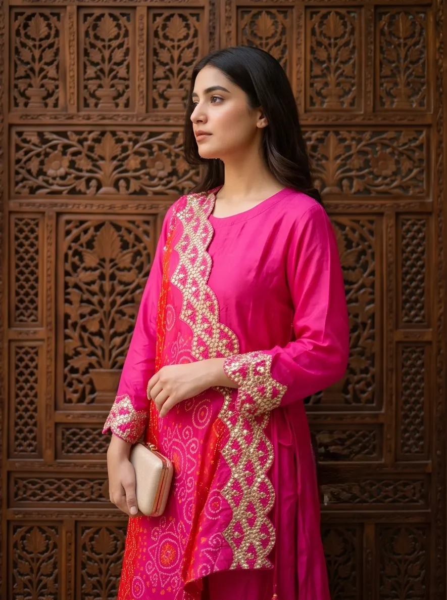 Rani Pink Bandhani Print Asymmetric Angrakha Kurta and Pant Set with Gota Patti Work