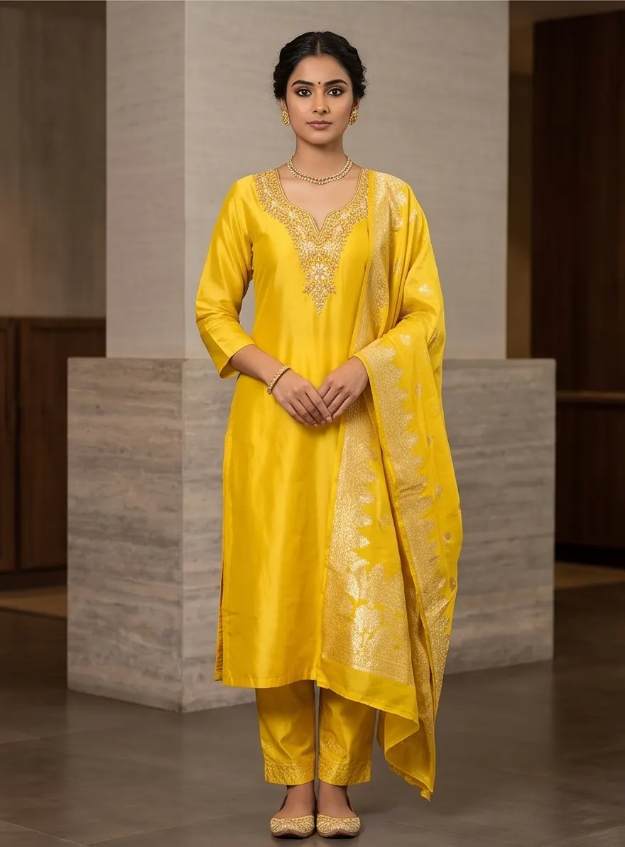 Haldi Yellow Hand-Embroidered Chanderi Kurta Set with Banarasi Brocade Dupatta