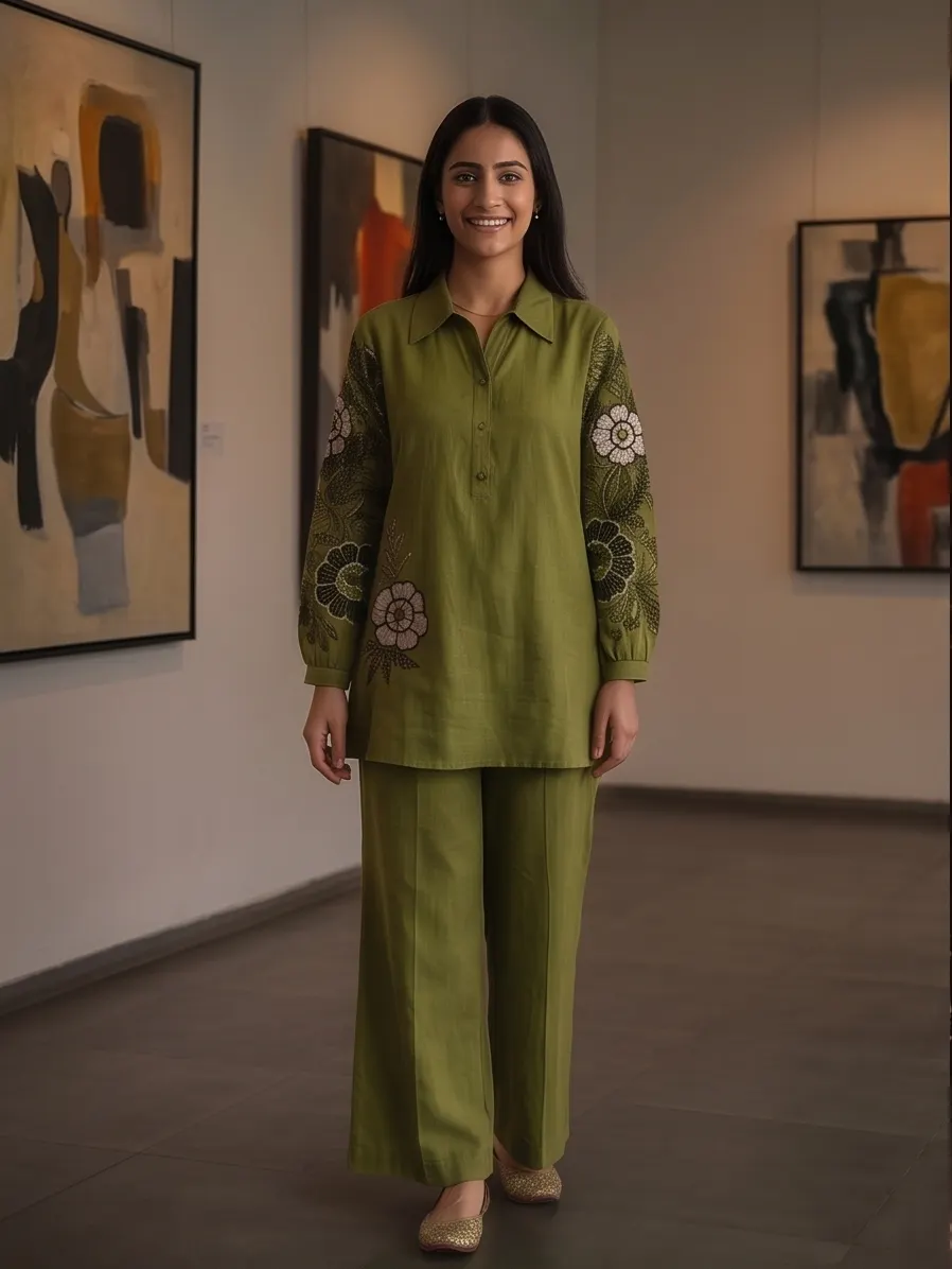 Olive Green Cotton-Linen Shirt Collar Tunic and Wide-Leg Pant Co-Ord Set with Embroidered Floral Sleeves