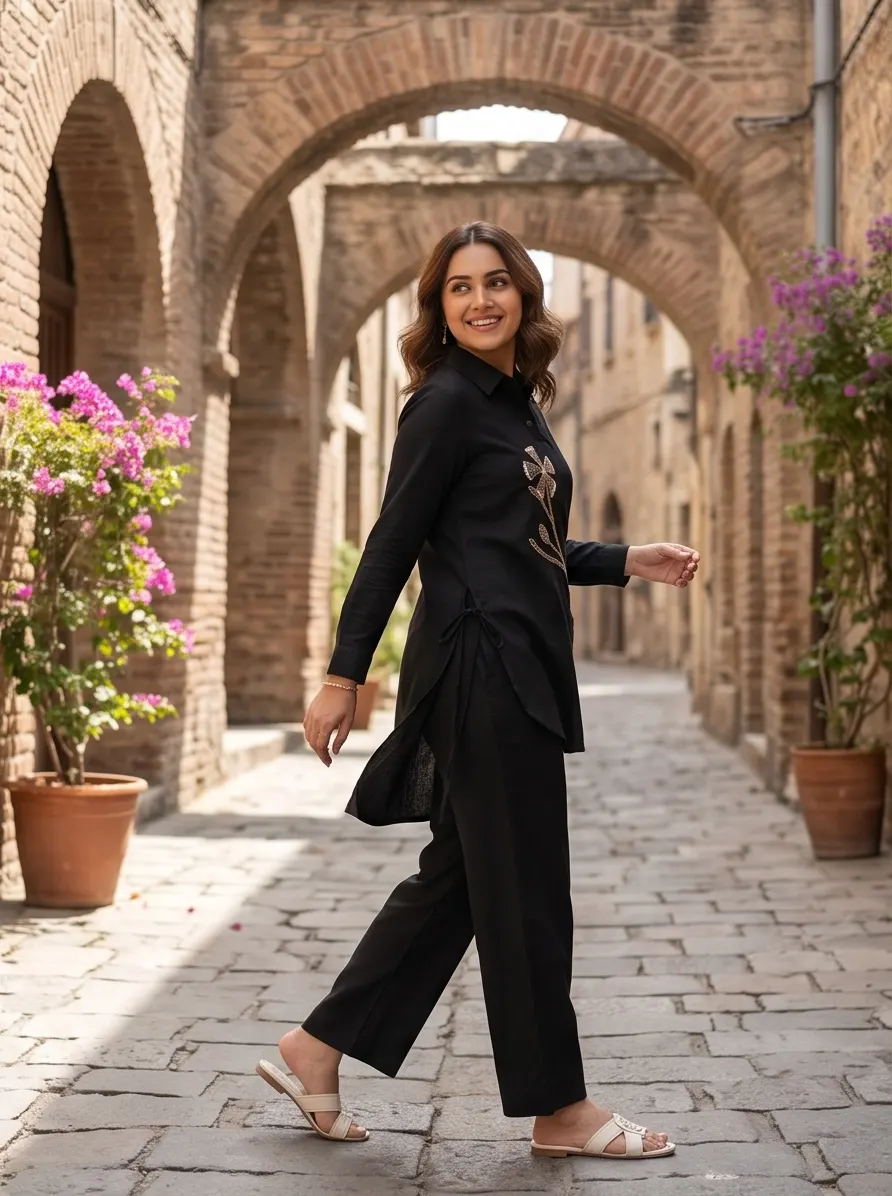 Black Embroidered Shirt-Style Co-ord Set