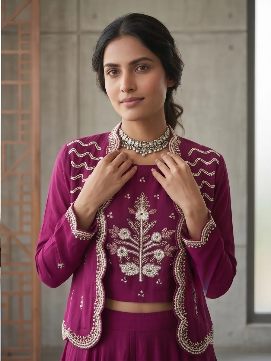 Plum Purple Georgette Flared Skirt & Embroidered Crop Top with Scalloped Jacket (3-Piece Set)