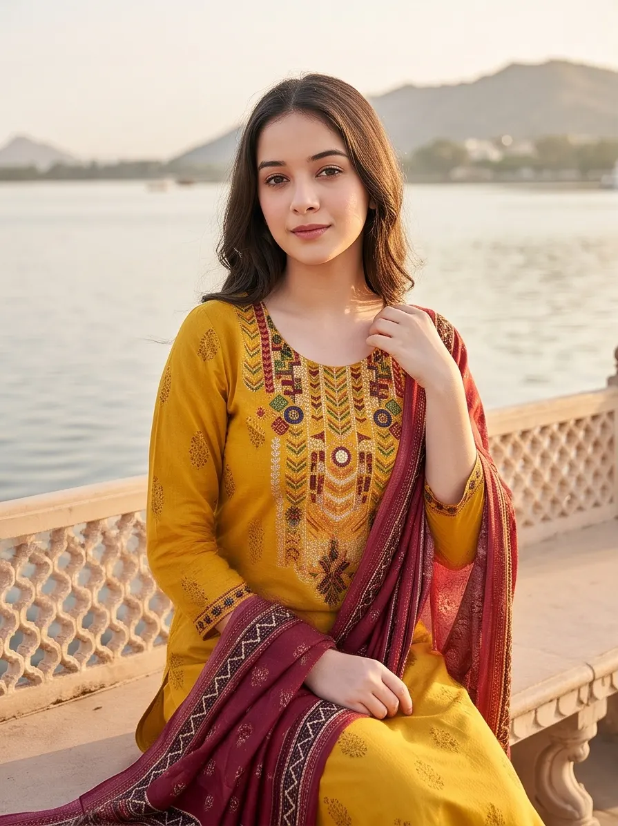 Mustard Yellow Printed Kurta Pant Set with Dupatta