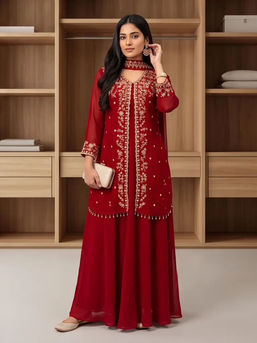 Maroon Embroidered Georgette Jacket Style Anarkali Kurta Set with Dupatta