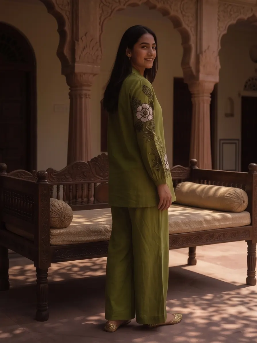 Olive Green Cotton-Linen Shirt Collar Tunic and Wide-Leg Pant Co-Ord Set with Embroidered Floral Sleeves