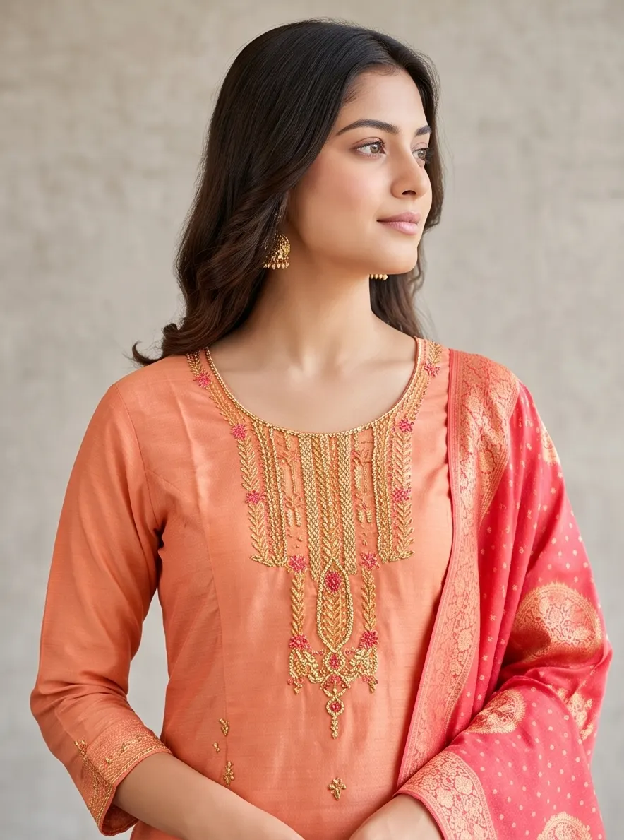 Peach Embroidered Silk Kurta Pant Set with Banarasi Dupatta