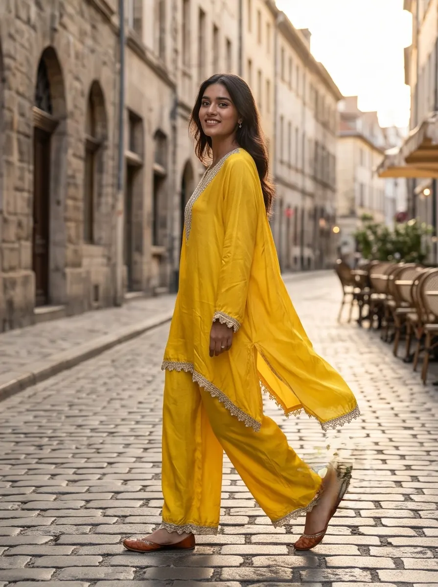 Bright Yellow Asymmetric Kurta and Wide-Leg Palazzo Set with Lace Borders
