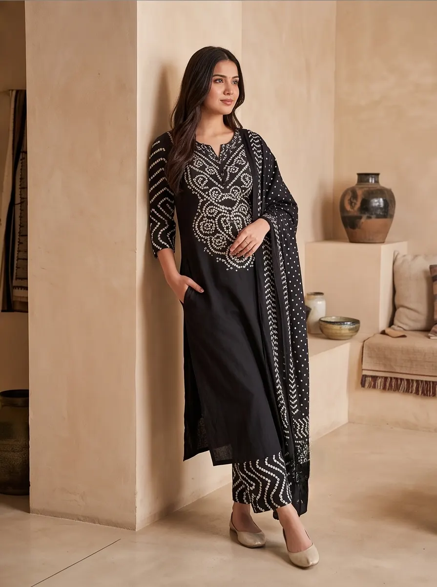 Black Bandhani Print Kurta Pant Set with Dupatta