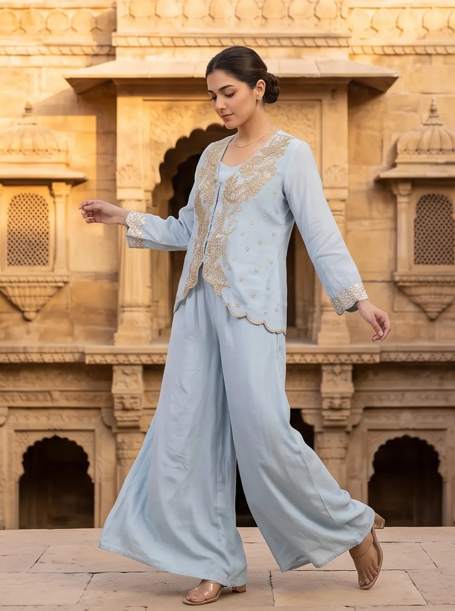 Powder Blue Embroidered Short Jacket and Flared Palazzo 3-Piece Co-Ord Set