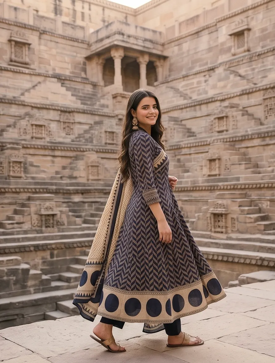 Navy Blue Chevron Print Kurta Set with Dupatta
