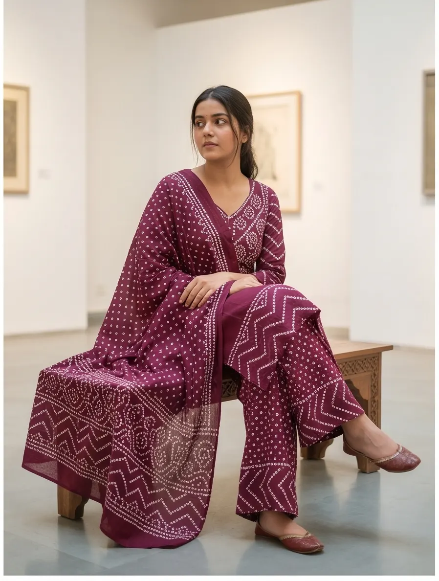 Riwaaz Wine Bandhani Handcrafted Suit Set