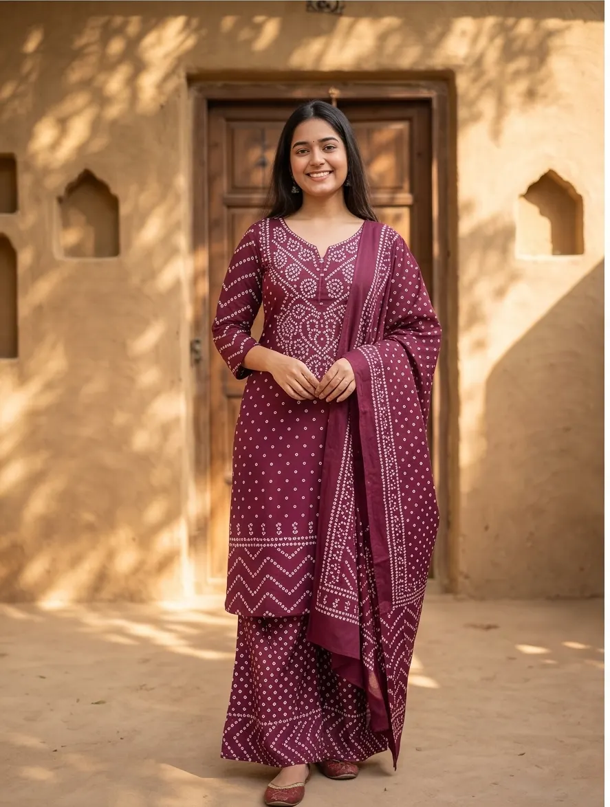 Riwaaz Wine Bandhani Handcrafted Suit Set