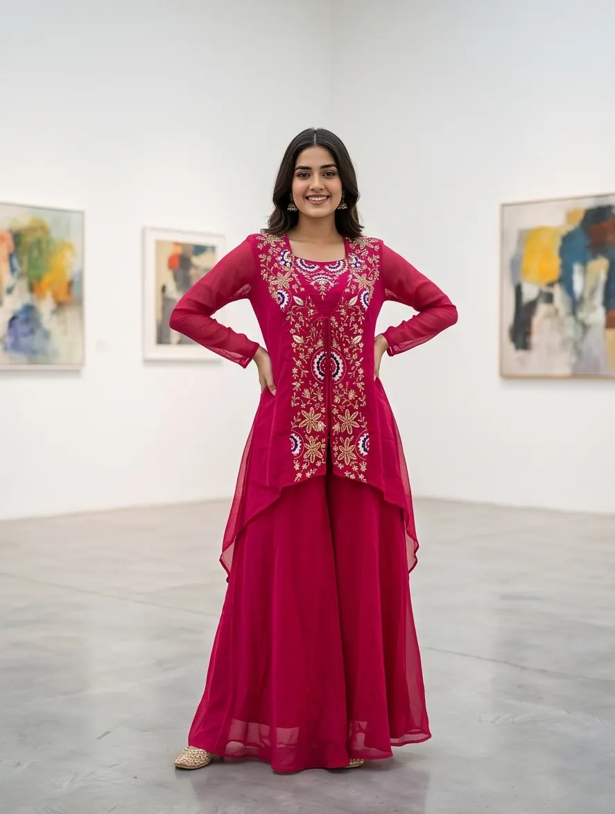Rani Pink Hand-Embroidered Jacket & Sharara Set
