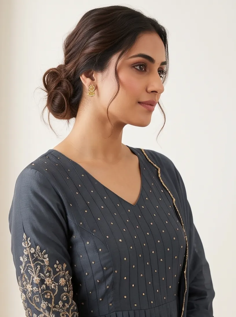Charcoal Hand-Embroidered Anarkali Kurta