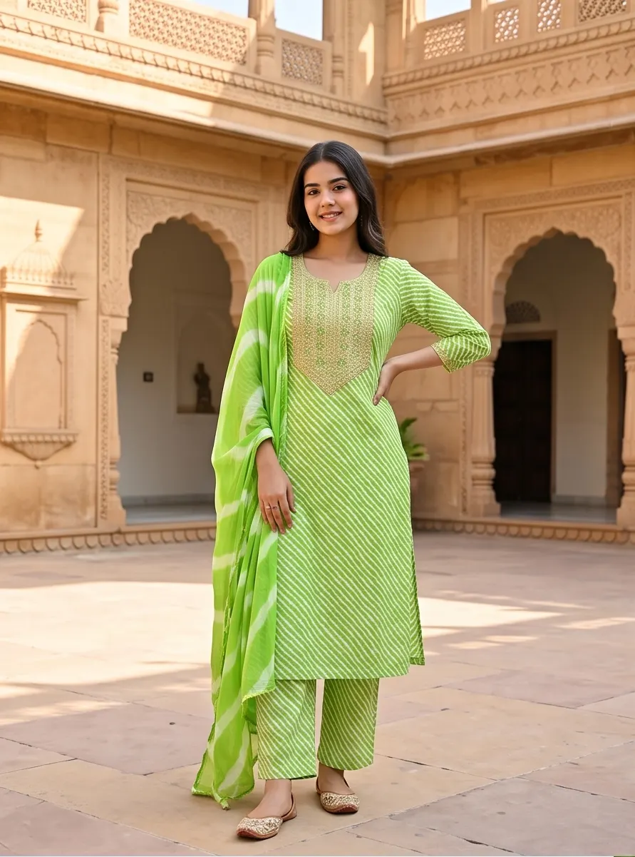 Basant Green Leheriya Handcrafted Suit Set