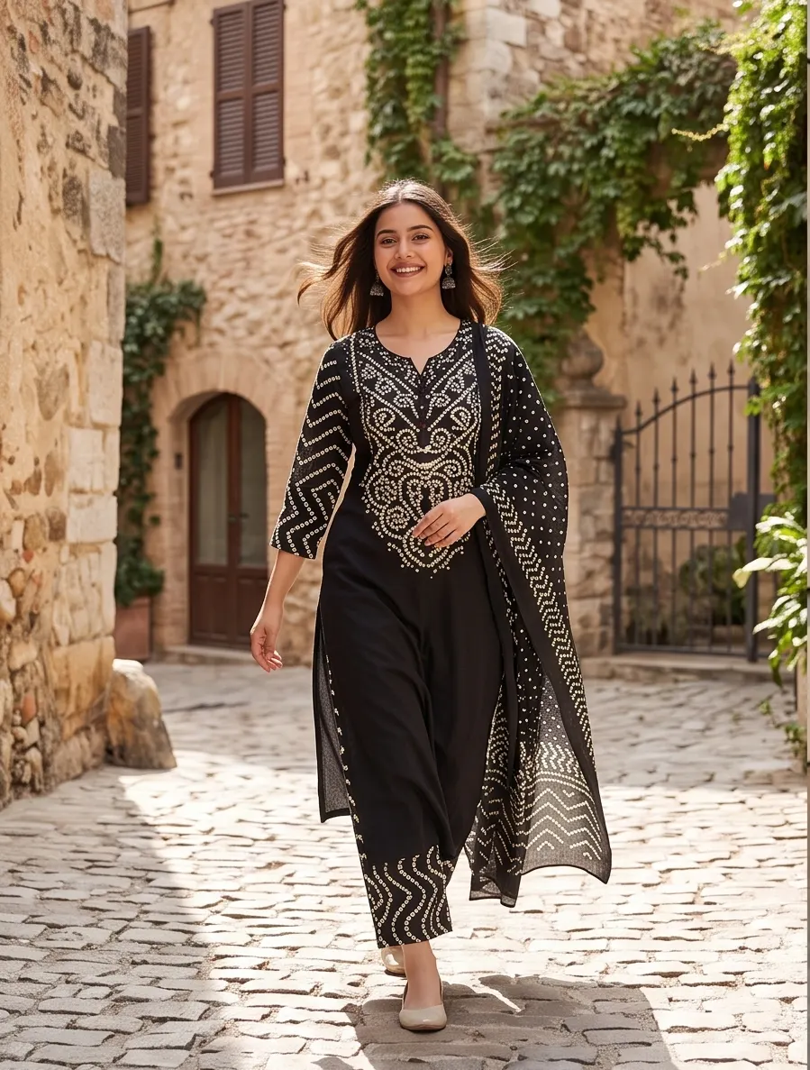 Black Bandhani Print Kurta Pant Set with Dupatta