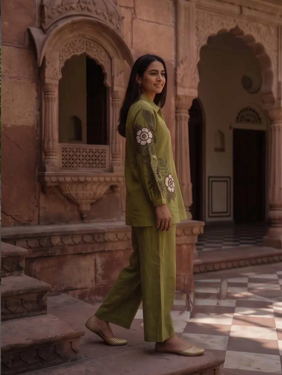 Olive Green Cotton-Linen Shirt Collar Tunic and Wide-Leg Pant Co-Ord Set with Embroidered Floral Sleeves