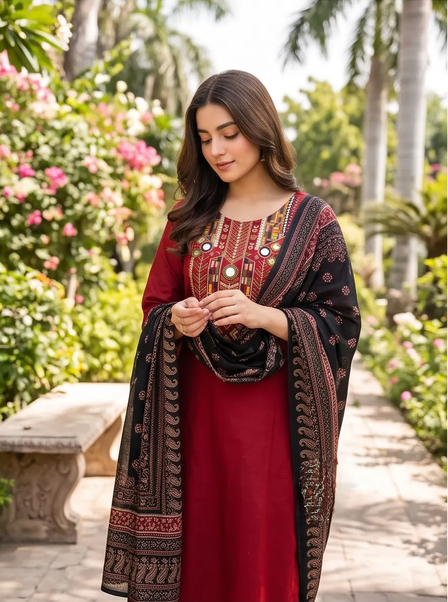 Maroon with Dupatta: Crimson Red Hand-Embroidered Straight Kurta with Printed Dupatta and Trouser Set