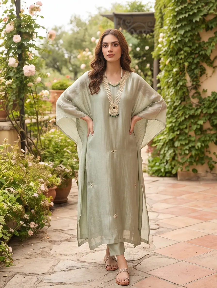 Sage Green Sheer Kaftan Set