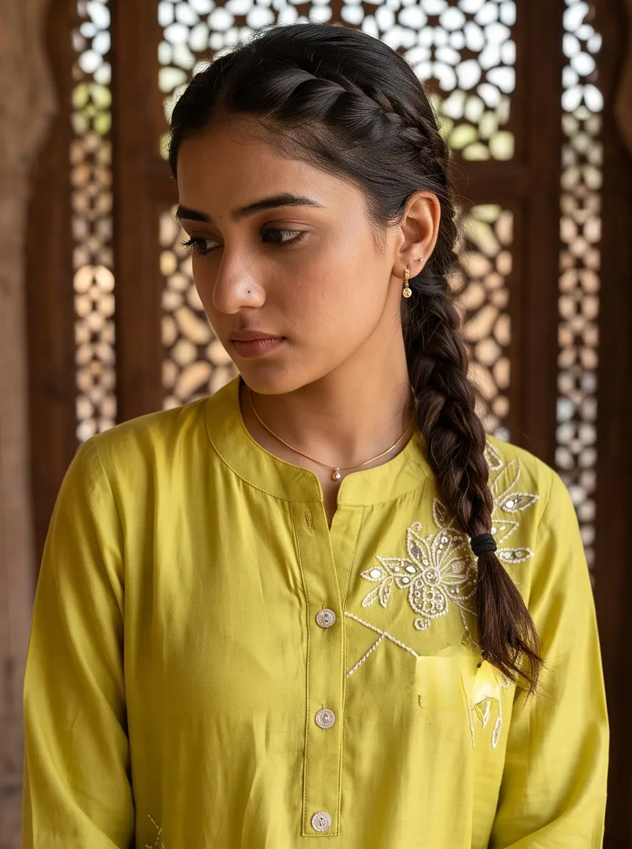Lime Green Raw Silk Embroidered Short Kurta and Flared Palazzo 2-Piece Co-Ord Set