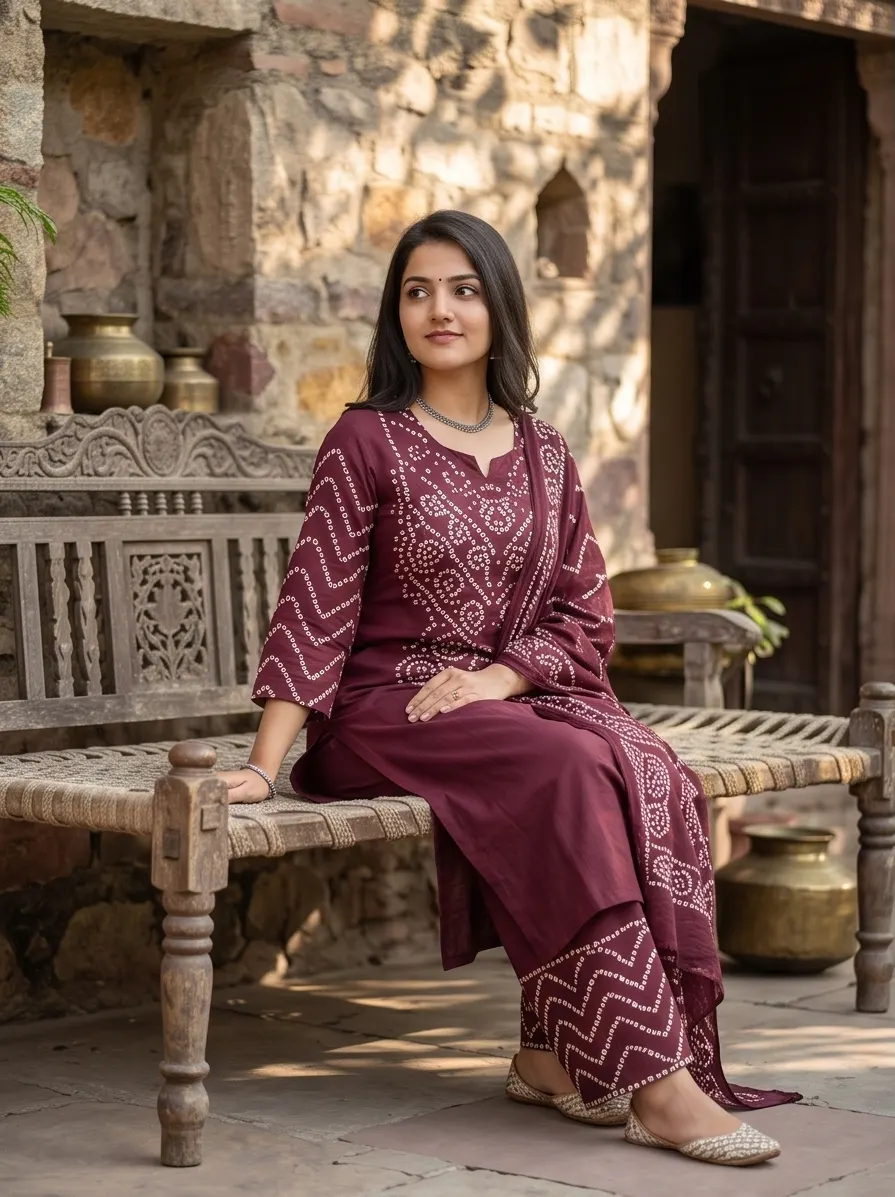 Bandhani Print Kurta Pant Set with Dupatta