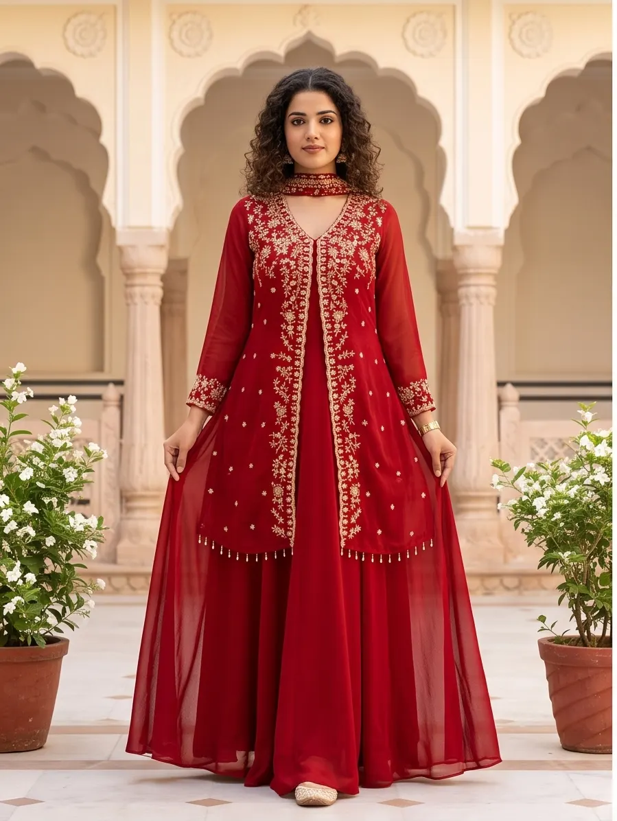 Maroon Embroidered Georgette Jacket Style Anarkali Kurta Set with Dupatta