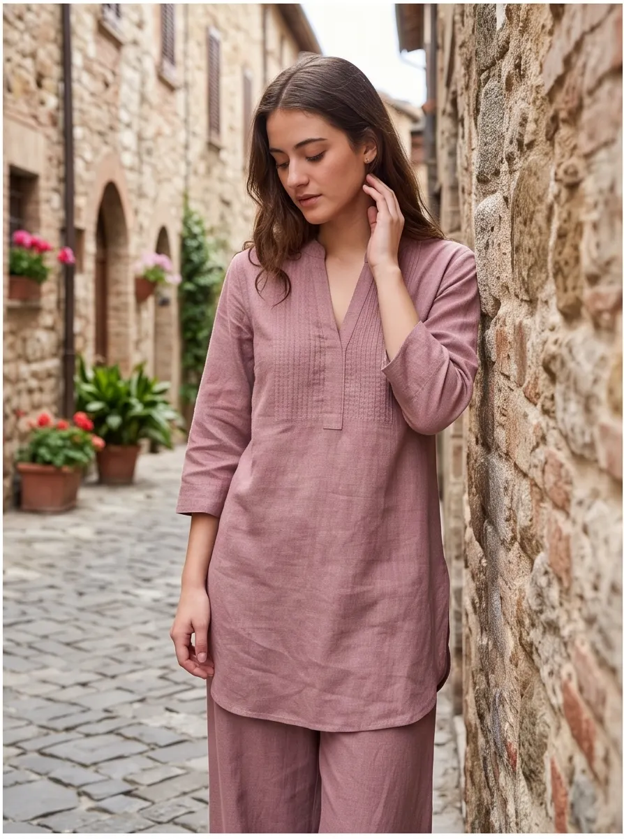 Dusty Rose Linen Pintuck Co-ord Set