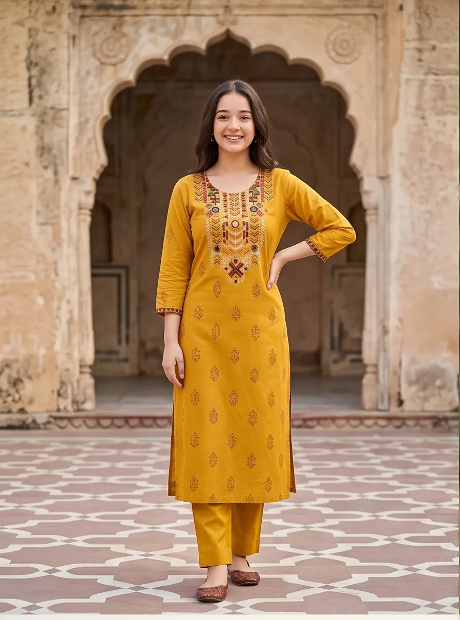 Mustard Yellow Printed Kurta Pant Set with Dupatta