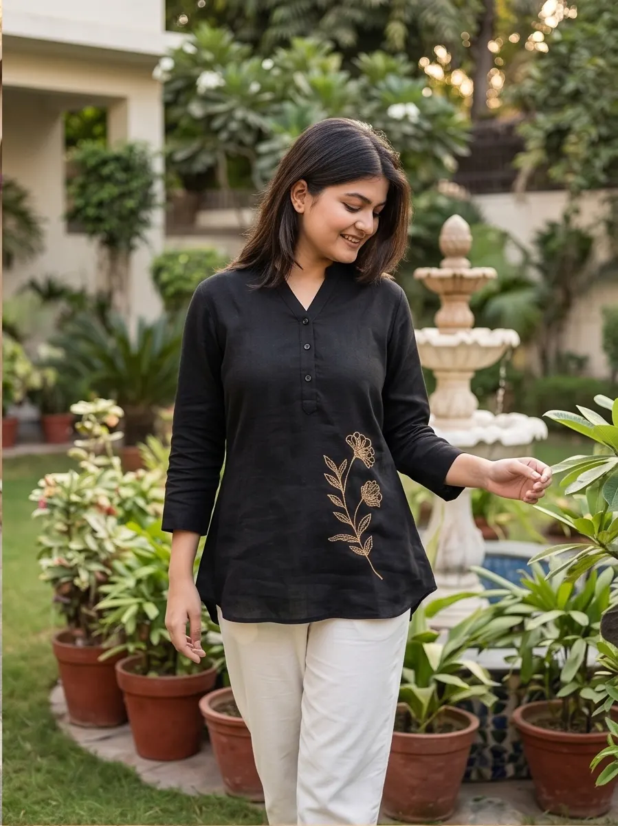 Black Embroidered A-Line Short Kurti