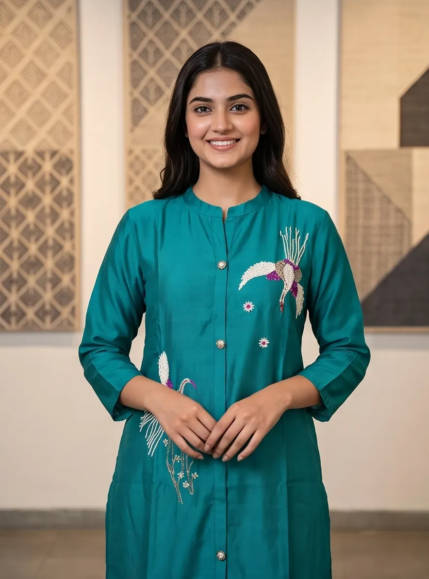 eal Green Chanderi Silk Straight Kurta Pant Set with Embroidered Bird Motifs