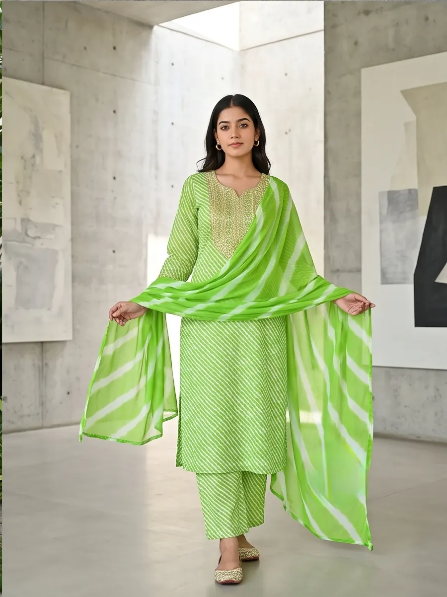 Basant Green Leheriya Handcrafted Suit Set
