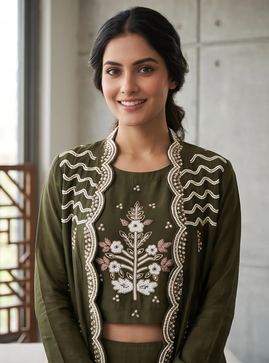 Olive Green Flared Georgette Skirt & Embroidered Crop Top with Scalloped Jacket (3-Piece Set)