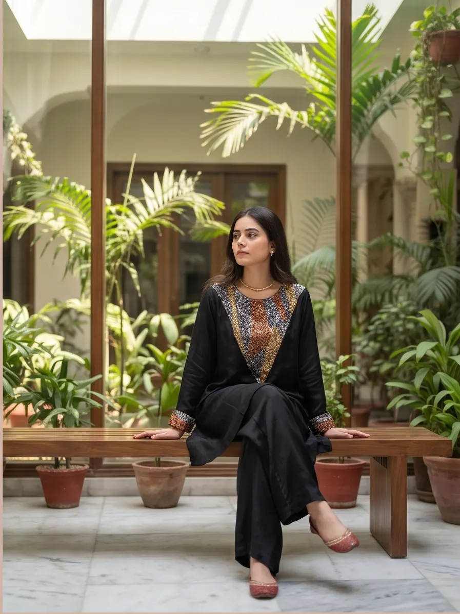Black Raw Silk A-Line Short Kurta and Palazzo Set with Mosaic Sequin Neckline