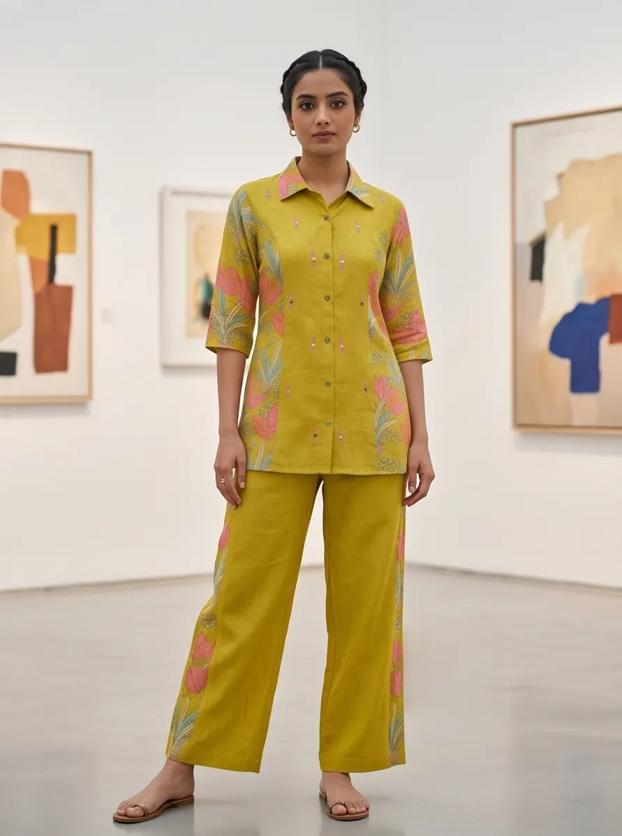 Lime Green Floral Printed Shirt Collar Kurta and Trouser Co-ord Set