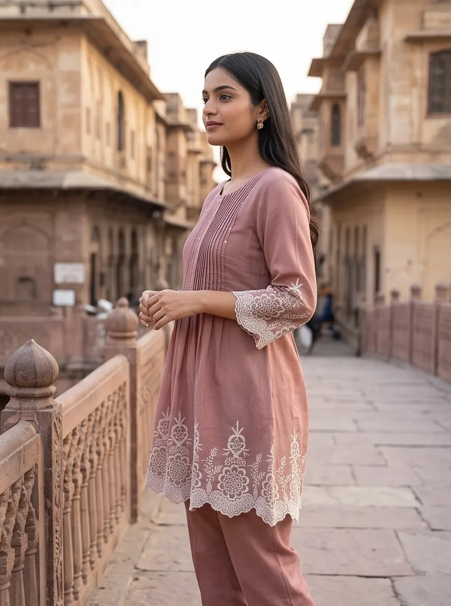 Onion Pink Cutwork Embroidered Tunic & Pant Co-ord Set