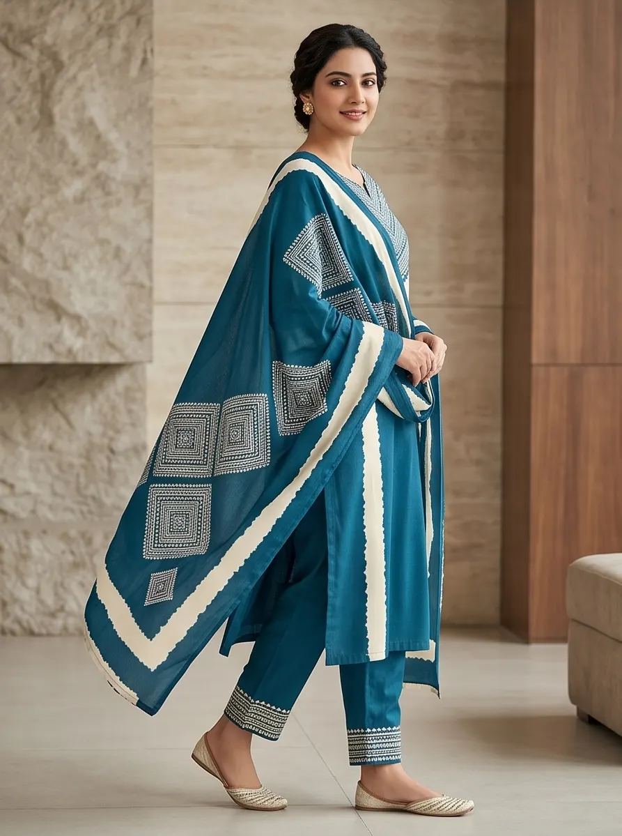 Teal Blue Hand-Embroidered