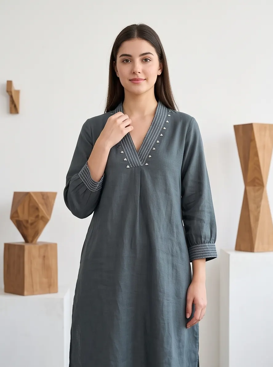 Slate Grey Embroidered V-Neck Linen Kurti