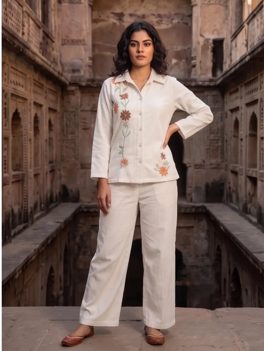 Off-White Cotton Collar Shirt and Straight Trouser Co-Ord Set with Floral Embroidery