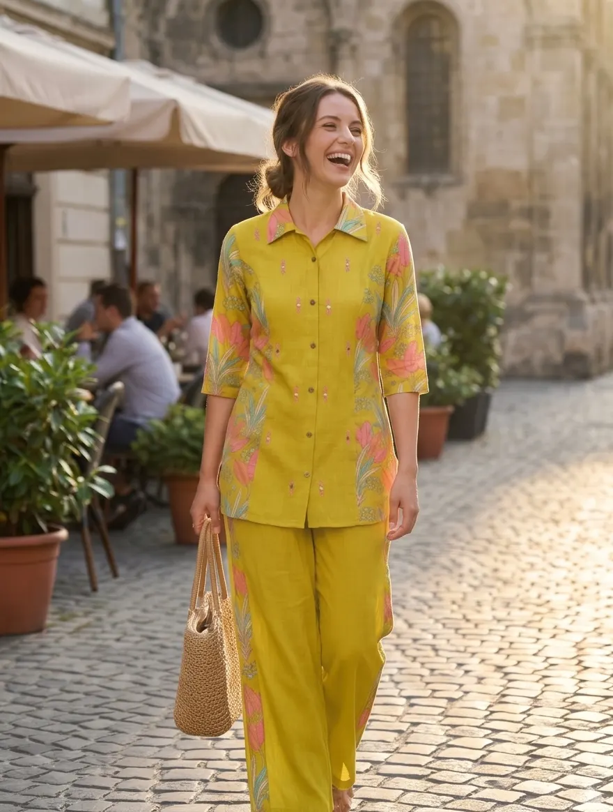 Lime Green Floral Printed Shirt Collar Kurta and Trouser Co-ord Set
