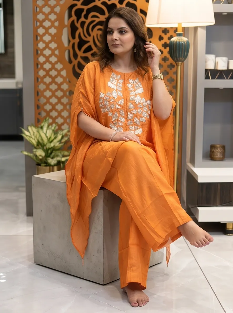 Ecru Silk Hand Embroidered Asymmetric Cape Set