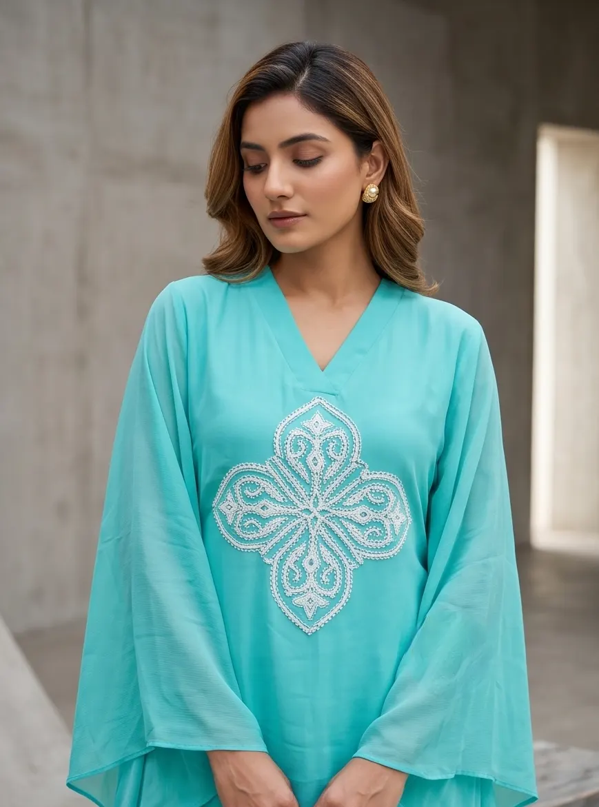 Turquoise Blue Georgette Kaftan Set with Arabesque Pearl & Cutdana Yoke Motif (2-Piece Set)